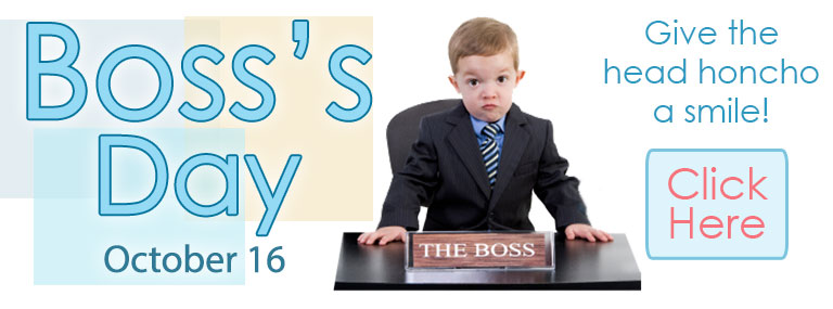 Boss's Day eCards banner with a small boy dressed like a boss seated at a work desk and a button that leads to the Boss's Day category page and the date, October 16.
