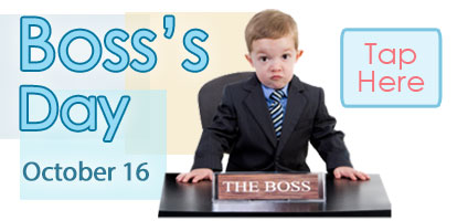 Boss's Day eCards banner with a small boy dressed like a boss seated at a work desk and a button that leads to the Boss's Day category page and the date, October 16.