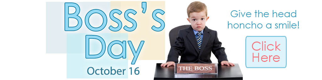 Boss's Day eCards banner with a small boy dressed like a boss seated at a work desk and a button that leads to the Boss's Day category page and the date, October 16.