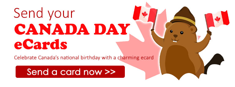 On the right side of this home page banner is a cartoon beaver with a Canadian Mounties hat and waving a Canadian flag in each hand. on the left side into the center are the words "Send Canada Day ecards. Celebrate Canada's birthday with a charming ecard." in a bright red font. At the bottom of this text is a long rectangular red button that says "Send a Canada Day ecard now". Clicking on the button takes you to the Canada Day category.