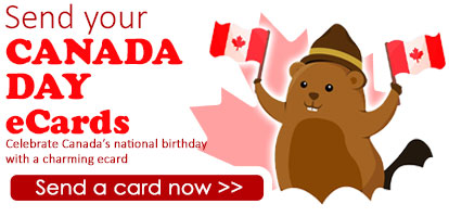 On the right side of this home page banner is a cartoon beaver with a Canadian Mounties hat and waving a Canadian flag in each hand. on the left side into the center are the words "Send Canada Day ecards. Celebrate Canada's birthday with a charming ecard." in a bright red font. At the bottom of this text is a long rectangular red button that says "Send a Canada Day ecard now". Clicking on the button takes you to the Canada Day category.