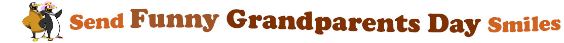 The "Send Funny Grandparents day smiles" has for emblem a male and female penguins, the female is wearing a pink hat with flowers and read heels and the male, a beige orange cardigan over a white shirt and black tie. The banner next to them says "Send Funny Grandparents day smiles" where the "send" is pumpkin orange,"Funny" is light brown, "grandparents" is brown, "day" also brown and "smiles" pumpkin orange. Each of the 3 lines are slightly curvy and at the first line are the words "Send Funny" and under the second line "Grandparents Day" and at the third line is the word "Smiles". At the smaller thumbnail, the words are the same colour and on one line which is a little bit curvy as well.