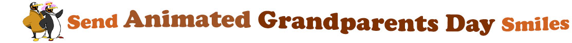 The "Send Animated Grandparents day smiles" has for emblem a male and female penguins, the female is wearing a pink hat with flowers and read heels and the male, a beige orange cardigan over a white shirt and black tie. The banner next to them says "Send Animated Grandparents day smiles" where the "send" is pumpkin orange,"Animated" is light brown, "grandparents" is brown, "day" also brown and "smiles" pumpkin orange. Each of the 3 lines are slightly curvy and at the first line are the words "Send Animated" and under the second line "Grandparents Day" and at the third line is the word "Smiles". At the smaller thumbnail, the words are the same colour and on one line which is a little bit curvy as well.