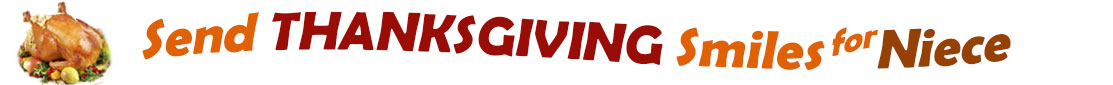 The "Send Thanksgiving Smiles For Niece" banner has for emblem a fully cooked turkey on a platter with trimmings.  Next to it are the words of the banner "Send Thanksgiving Smiles For Niece" in colour and in three separate curvy sentences: at the top line the "send" is orange, at the second line "Thanksgiving" is a reddish brown and the third line "smiles for" is also orange and "Niece" is brown.  At the smallest banner, all the words are on one line. 