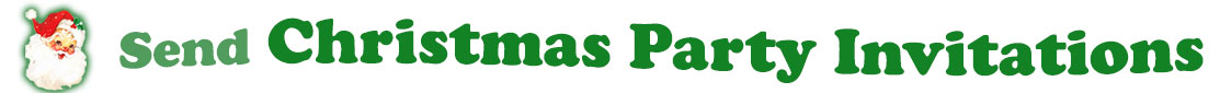 To the left side of this banner for the Christmas ecards page is an emblem of Santa Claus showing only his head. With his big white beard, his red hat with a little piece of mistletoe around the white fur border, he has red cheeks and nose, and a sweet smile. Next to Santa clause is a title where saying "Send Christmas Party Invitations" with words in Kelly green and dark green.