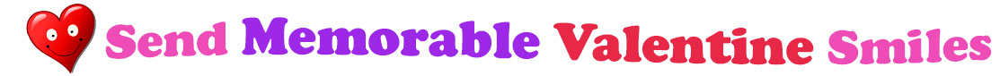 A title and an icon at the top of the Memorable Valentine's Day eCards page. On the left side, slightly tilted, is a red heart with two big eyes and a wide smile. To its right is the title of the page in red, purple and pink letters that reads, "Send Memorable Valentine's Day Smiles."