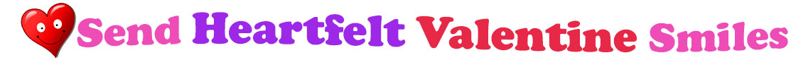 A title and an icon at the top of the Heartfelt Valentine's Day eCards page. On the left side, slightly tilted, is a red heart with two big eyes and a wide smile. To its right is the title of the page in red, purple and pink letters that reads, "Send Heartfelt Valentine's Day Smiles."