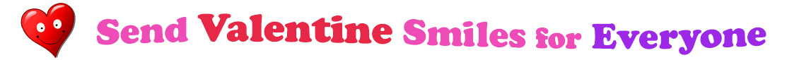 A title and an icon at the top of the Valentine's Day eCards for Everyone page. On the left side, slightly tilted, is a red heart with two big eyes and a wide smile. To its right is the title of the page in red, purple and pink letters that reads, "Send Valentine's Day Smiles for Everyone."
