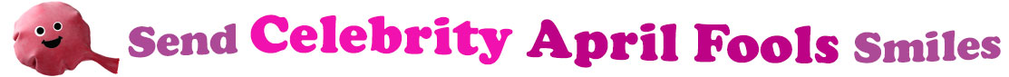 The banner image for this Celebrity April Fools Day ecards category has a pink whoopee cushion on the right side. The whoopee cushion has a smiley face on it. At the right of the whoopee cushion are the following words "Send Celebrity April Fools Smiles". The text is in three shades of color, lavender, hot pink and magenta. The words are set in two curvy lines and on the first line are the words "send Celebrity", then on the second line are the words "April Fools" and under is the word "Smiles". The words are set in a curvy line. The image is at the top of the Celebrity April Fools Day ecards page.
