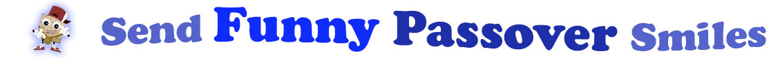 The banner image for this Funny Passover ecards category has a square piece of matzoh dressed up and posed as a rapper on the right side. The rapper matzoh has a smiley face on it and little arms and legs. At the right of the matzoh are the following words "Send Funny Passover Smiles". The text is in three shades of blue: light gray blue, navy blue and royal blue. The words are set in two curvy lines and on the first line are the words "send Funny", then on the second line are the words "Passover Smiles". The image is at the top of the Funny Passover ecards page.
