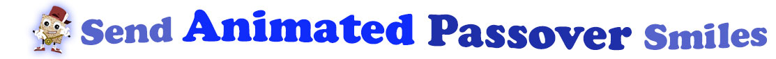The banner image for this Animated Passover ecards category has a square piece of matzoh dressed up and posed as a rapper on the right side. The rapper matzoh has a smiley face on it and little arms and legs. At the right of the matzoh are the following words "Send Animated Passover Smiles". The text is in three shades of blue: light gray blue, navy blue and royal blue. The words are set in two curvy lines and on the first line are the words "send Animated", then on the second line are the words "Passover Smiles". The image is at the top of the Animated Passover ecards page.