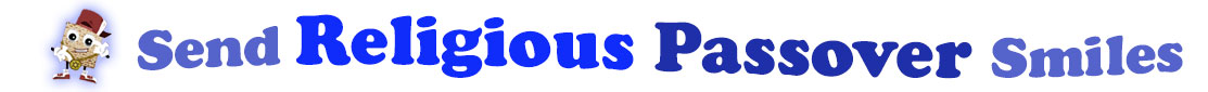 The banner image for this Religious Passover ecards category has a square piece of matzoh dressed up and posed as a rapper on the right side. The rapper matzoh has a smiley face on it and little arms and legs. At the right of the matzoh are the following words "Send Religious Passover Smiles". The text is in three shades of blue: light gray blue, navy blue and royal blue. The words are set in two curvy lines and on the first line are the words "send Religious", then on the second line are the words "Passover Smiles". The image is at the top of the Religious Passover ecards page.