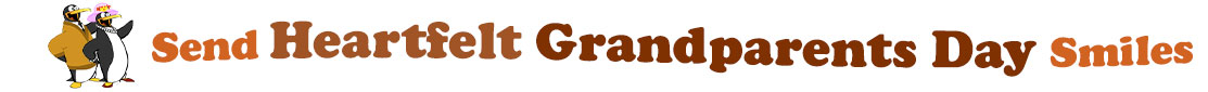 The "Send Heartfelt Grandparents day smiles" has for emblem a male and female penguins, the female is wearing a pink hat with flowers and read heels and the male, a beige orange cardigan over a white shirt and black tie. The banner next to them says "Send Heartfelt Grandparents day smiles" where the "send" is pumpkin orange,"Heartfelt" is light brown, "grandparents" is brown, "day" also brown and "smiles" pumpkin orange. Each of the 3 lines are slightly curvy and at the first line are the words "Send Heartfelt" and under the second line "Grandparents Day" and at the third line is the word"Smiles". At the smaller thumbnail, the words are the same colour and on one line which is a little bit curvy as well.