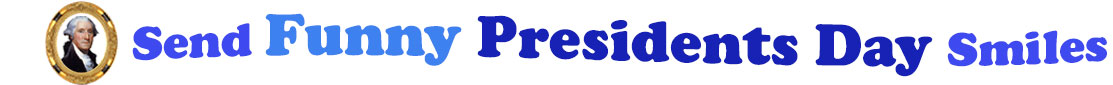 A title and an icon at the top of the Funny President's Day eCards page. On the left side, is a portrait of George Washington in a circular gilded frame. To its right is the title of the page in 3 shades of blue that reads, "Send Funny President's Day Smiles".