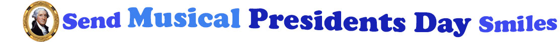 A title and an icon at the top of the Musical President's Day eCards page. On the left side, is a portrait of George Washington in a circular gilded frame. To its right is the title of the page in 3 shades of blue that reads, "Send Musical President's Day Smiles".
