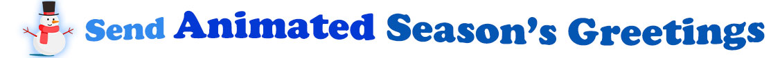 The "Send Animated Season's Greetings" banner has for emblem a cute snowman wearing a black top hat with a red ribbon, a red scarf, red stick arms, a carrot nose and a smile and eyes made out of black coal. Next to the snowman is a banner where at the top in light blue is the word "Send", next to it is "Animated" in bright blue and under it, a second line with the words "Season's Greetings" in dark blue. At the smaller size  banner, all the words are on one line.