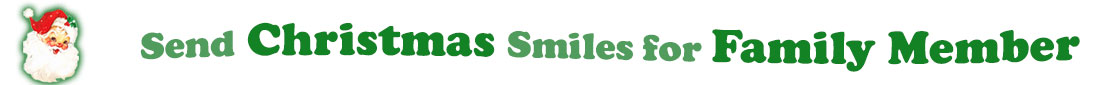 To the left side of this banner for the Christmas ecards page is an emblem of Santa Claus showing only his head. With his big white beard, his red hat with a little piece of mistletoe around the white fur border, he has red cheeks and nose, and a sweet smile. Next to Santa clause is a title where saying "Send Christmas Smiles for Family Member" with words in Kelly green and dark green.