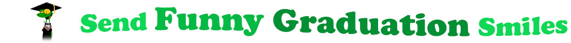 The banner image for this Funny Graduation ecards category has a Gecko standing upright and wearing a black, college graduate cap and gown on the right side. At the right of the gecko are the following words "Send Funny Graduation Smiles". The text is in 2 shades of green. The words are set in two curvy lines and on the first line is the word "send", then on the second line are the words "Funny Graduation" and under is the word "Smiles". The words are set in a curvy line. The image is at the top of the Funny Graduation ecards page.