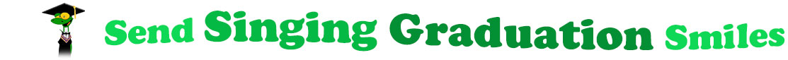 The banner image for this Singing Graduation ecards category has a Gecko standing upright and wearing a black, college graduate cap and gown on the right side. At the right of the gecko are the following words "Send Singing Graduation Smiles". The text is in 2 shades of green. The words are set in two curvy lines and on the first line is the word "send", then on the second line are the words "Singing Graduation" and under is the word "Smiles". The words are set in a curvy line. The image is at the top of the Singing Graduation ecards page.