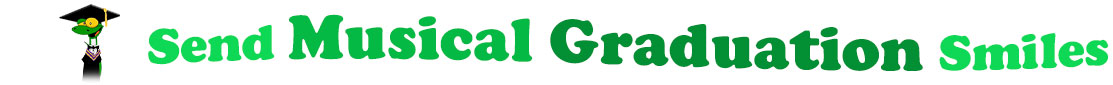 The banner image for this Musical Graduation ecards category has a Gecko standing upright and wearing a black, college graduate cap and gown on the right side. At the right of the gecko are the following words "Send Musical Graduation Smiles". The text is in 2 shades of green. The words are set in two curvy lines and on the first line is the word "send", then on the second line are the words "Musical Graduation" and under is the word "Smiles". The words are set in a curvy line. The image is at the top of the Musical Graduation ecards page.