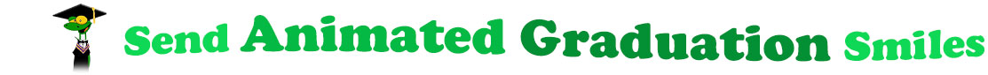The banner image for this Animated Graduation ecards category has a Gecko standing upright and wearing a black, college graduate cap and gown on the right side. At the right of the gecko are the following words "Send Animated Graduation Smiles". The text is in 2 shades of green. The words are set in two curvy lines and on the first line is the word "send", then on the second line are the words "Animated Graduation" and under is the word "Smiles". The words are set in a curvy line. The image is at the top of the Animated Graduation ecards page.