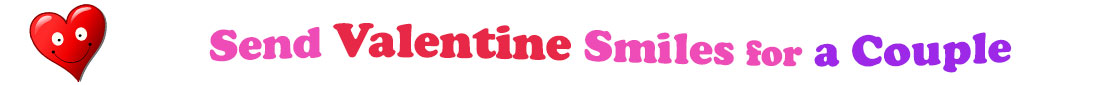 A title and an icon at the top of the Valentine's Day eCards for a Couple page. On the left side, slightly tilted, is a red heart with two big eyes and a wide smile. To its right is the title of the page in red, purple and pink letters that reads, "Send Valentine's Day Smiles for a Couple".
