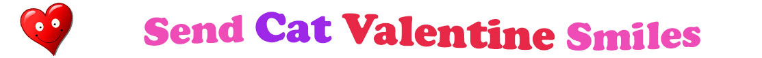A title and an icon at the top of the Cat Valentine's Day eCards page. On the left side, slightly tilted, is a red heart with two big eyes and a wide smile. To its right is the title of the page in red, purple and pink letters that reads, "Send Cat Valentine's Day Smiles".