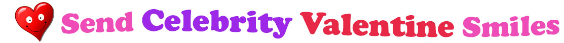 A title and an icon at the top of the Celebrity Valentine's Day eCards page. On the left side, slightly tilted, is a red heart with two big eyes and a wide smile. To its right is the title of the page in red, purple and pink letters that reads, "Send Celebrity Valentine's Day Smiles".