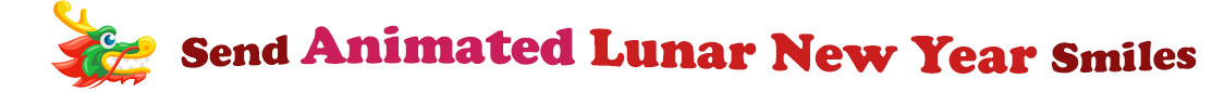 A title and an icon at the top of the Animated Lunar New Year eCards & Animated Chinese New Year eCards page. On the left side, slightly tilted, is a cartoon head of a traditional Chinese dragon in green, gold, and red. It faces to the right and has a wide smile. To its right is the title of the page in red, maroon, and fuchsia letters that reads, "Send Animated Lunar New Year Smiles."