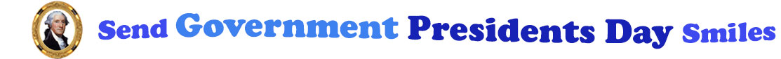 A title and an icon at the top of the Government President's Day eCards page. On the left side, is a portrait of George Washington in a circular gilded frame. To its right is the title of the page in 3 shades of blue that reads, "Send Government President's Day Smiles".