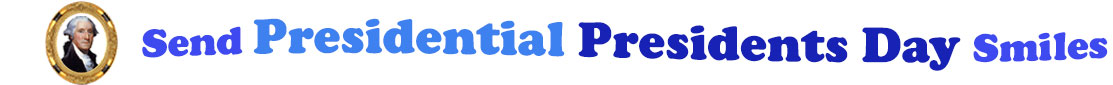 A title and an icon at the top of the Presidential President's Day eCards page. On the left side, is a portrait of George Washington in a circular gilded frame. To its right is the title of the page in 3 shades of blue that reads, "Send Presidential President's Day Smiles".