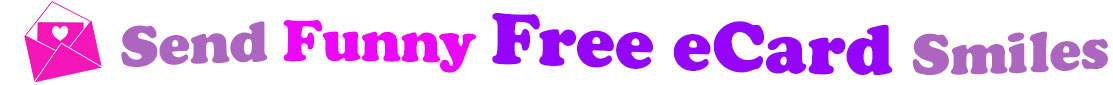 The banner image for this funny free ecards category has a hot pink envelope, open and tilted slightly to the left. Coming out of the envelope half-way is a hot pink card with a white heart on it. At the right of the envelope and card are the following words, "Send Funny Free eCard Smiles". The word Send is light purple. The word funny is hot pink. The words free ecards are bright purple. The word smiles is light purple. The words are set in two curvy lines. On the first line is the word "send", then on the second line are the words "Funny Free eCard" and on the third line is the word, "Smiles".