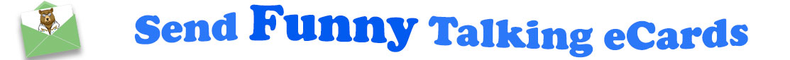 The banner image for this Funny Talking eCards category has a light green envelope on the right side. The envelope is open and a piece of white card or paper is half pulled up from inside. On the card we see a talking bear wearing an Elvis white Jumpsuit with rhinestones on it and Elvis aviator sunglasses. At the right of the envelope are the following words "Send Funny Talking eCards". The text is in Royal blue, dark and light blue. The words "Send" and "Talking eCards" are in light blue and the word "Funny" is in Royal blue.. The words are set in a curvy line. The image is at the top of the Funny Talking ecards page.