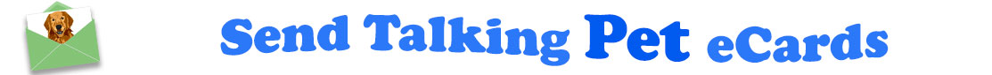 The banner image for this Talking Pet eCards category has a light green envelope on the right side. The envelope is open and a piece of white card or paper is half pulled up from inside. On the card we see a talking bear wearing an Elvis white Jumpsuit with rhinestones on it and Elvis aviator sunglasses. At the right of the envelope are the following words "Send Talking Pet eCard Smiles". The text is in two shades of blue, dark and sky blue. The words "Send Talking" and "Smiles" are in sky blue and the word "Pet" is in dark blue.. The words are set in a curvy line. The image is at the top of the Talking Pet ecards page.