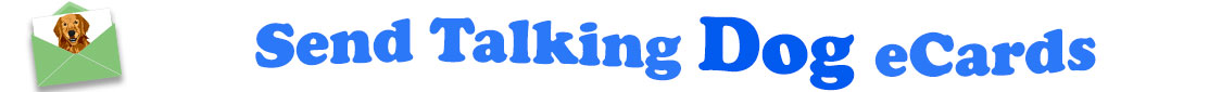 The banner image for this Talking Dog eCards category has a light green envelope on the right side. The envelope is open and a piece of white card or paper is half pulled up from inside. On the card we see the head and neck of a smiling golden retreiver. At the right of the envelope are the following words "Send Talking Dog eCard Smiles". The text is in two shades of blue, dark and sky blue. The words "Send Talking" and "Smiles" are in sky blue and the word "Dog" is in dark blue.. The words are set in a curvy line. The image is at the top of the Talking Dog ecards page.