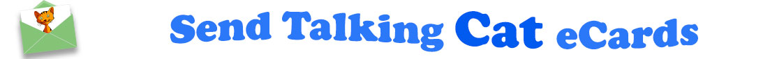 The banner image for this Talking Cat eCards category has a light green envelope on the right side. The envelope is open and a piece of white card or paper is half pulled up from inside. On the card we see the head and neck of a smiling golden retreiver. At the right of the envelope are the following words "Send Talking Cat eCard Smiles". The text is in two shades of blue, dark and sky blue. The words "Send Talking" and "Smiles" are in sky blue and the word "Cat" is in dark blue.. The words are set in a curvy line. The image is at the top of the Talking Cat ecards page.