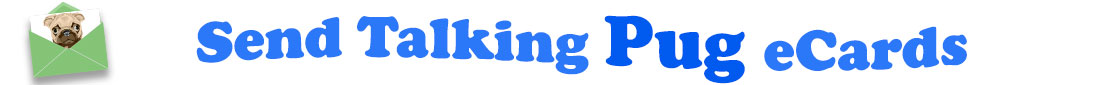 The banner image for this Talking Pug eCards category has a light green envelope on the right side. The envelope is open and a piece of white card or paper is half pulled up from inside. On the card we see the head and neck of a smiling golden retreiver. At the right of the envelope are the following words "Send Talking Pug eCard Smiles". The text is in two shades of blue, dark and sky blue. The words "Send Talking" and "Smiles" are in sky blue and the word "Pug" is in dark blue.. The words are set in a curvy line. The image is at the top of the Talking Pug ecards page.