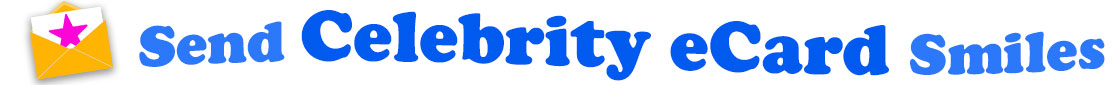 The banner image for this ecards category has a gold envelope on the right side. The envelope is open and a piece of pink card or paper is half pulled up from inside. On the card we see a hot pink star. At the right of the envelope are the following words "Send Celebrity eCard Smiles". The words are in two shades of blue: light blue and royal blue. The words are set in a wavy line. The image is at the top of the Celebrity eCards page.