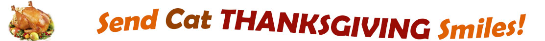 The "Send Cat Thanksgiving Smiles" banner has for emblem a fully cooked turkey on a platter with trimmings.  Next to it are the words of the banner "Send Cat Thanksgiving Smiles" in colour and in three separate curvy sentences: at the top line the "send" is orange, "Cat" is brown", at the second line "Thanksgiving" is a reddish brown and the third line "smiles" is also orange.  At the smallest banner, all the words are on one line. 