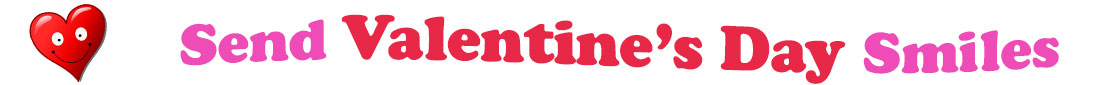 A title and an icon at the top of the Valentine's Day eCards page. On the left side, slightly tilted, is a red heart with two big eyes and a wide smile. To its right is the title of the page in red and pink letters that reads, "Send Valentine's Day Smiles".