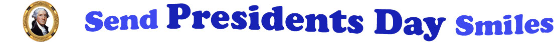 A title and an icon at the top of the President's Day eCards page. On the left side, is a portrait of George Washington in a circular gilded frame. To its right is the title of the page in 3 shades of blue that reads, "Send President's Day Smiles".