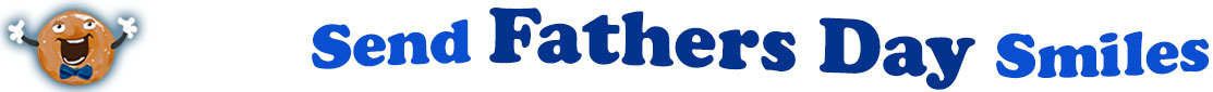 The banner image for this Fathers' Day ecards category has a Singing donut on the right side. He wears a bow tie and has upraised little arms and hands with white gloves. At the right of the singing donut are the following words "Send Fathers' Day Smiles". The text is in 2 shades of blue. royal blue and dark blue. The words are set in two curvy lines and on the first line is the word "send", then on the second line are the words "Fathers' Day Smiles". The words are set in a curvy line. The image is at the top of the Fathers' Day ecards page.