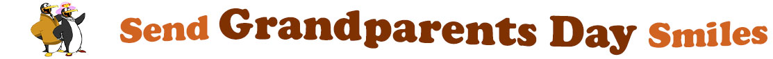 The "Send Grandparents day smiles" has for emblem a male and female penguins, the female is wearing a pink hat with flowers and read heels and the male, a beige orange cardigan over a white shirt and black tie. The banner next to them says "Send Grandparents day smiles" where the "send" is pumpkin orange, "grandparents" is brown, "day" also brown and "smiles" pumpkin orange. Each line is slightly curvy and at the first line are the words "Send Grandparents" and under the second line "Day Smiles". At the smaller thumbnail, the words are the same colour and on one line which is a little bit curvy as well.