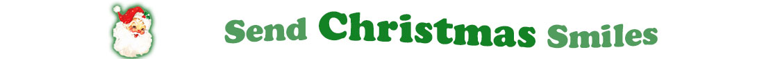 To the left side of this banner for the Christmas ecards page is an emblem of Santa Claus showing only his head. With his big white beard, his red hat with a little piece of mistletoe around the white fur border, he has red cheeks and nose, and a sweet smile. Next to Santa clause is a title where saying "Send Christmas Smiles" with words in 'Kelly green and dark  green.