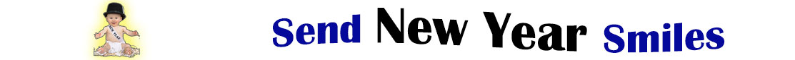 The "Send New Year Smiles" banner has a cute baby in a white diaper wearing a black top hat along with a sash saying "New Year" across his torso. He has a smiling grid and is open arms. Next to it is the banner at the top with the word "Send"in dark blue, and under it in black letter is "New Year "and then next to it is the word "Smiles" in dark blue. At the smallest banner, all the words are in one line.