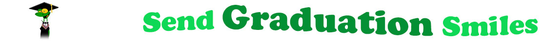 The banner image for this Graduation ecards category has a Gecko standing upright and wearing a black, college graduate cap and gown on the right side. At the right of the gecko are the following words "Send Graduation Smiles". The text is in 2 shades of green. The words are set in two curvy lines and on the first line is the word "send", then on the second line are the words "Graduation" and under is the word "Smiles". The words are set in a curvy line. The image is at the top of the Graduation ecards page.