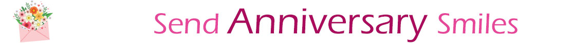 The "Send Anniversary Smiles" banner has a drawing of a pink envelope on the left side with a beautiful bouquet of assorted flowers sticking our of the envelope. Next to the envelope with bouquet is a title saying, "Send Anniversary smiles" which refers to the Anniversary ecards on this page. The words are in pink and burgundy.