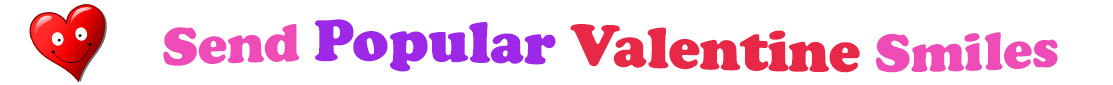 A title and an icon at the top of the Popular Valentine's Day eCards page. On the left side, slightly tilted, is a red heart with two big eyes and a wide smile. To its right is the title of the page in red, purple and pink letters that reads, "Send Popular Valentine's Day Smiles."