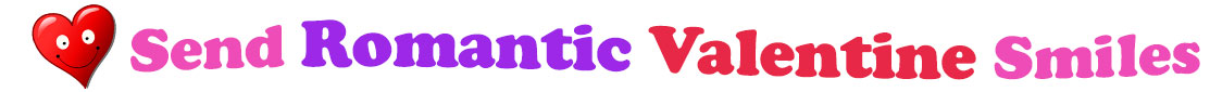 A title and an icon at the top of the Romantic Valentine's Day eCards page. On the left side, slightly tilted, is a red heart with two big eyes and a wide smile. To its right is the title of the page in red, purple and pink letters that reads, "Send Romantic Valentine's Day Smiles."