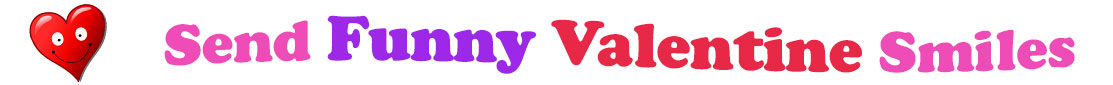 A title and an icon at the top of the Funny Valentine's Day eCards page. On the left side, slightly tilted, is a red heart with two big eyes and a wide smile. To its right is the title of the page in red, purple and pink letters that reads, "Send Funny Valentine's Day Smiles".